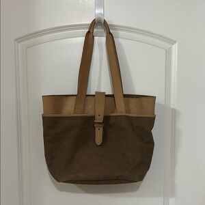 Two Toned Brown Leather and Canvas Tote Bag